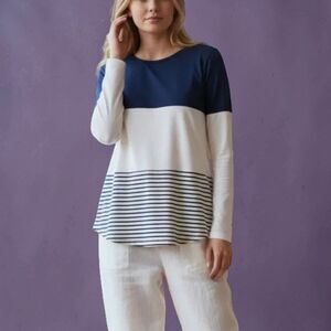 SBTD Navy & White Color Block Longsleeve Top w/ Crochet Back